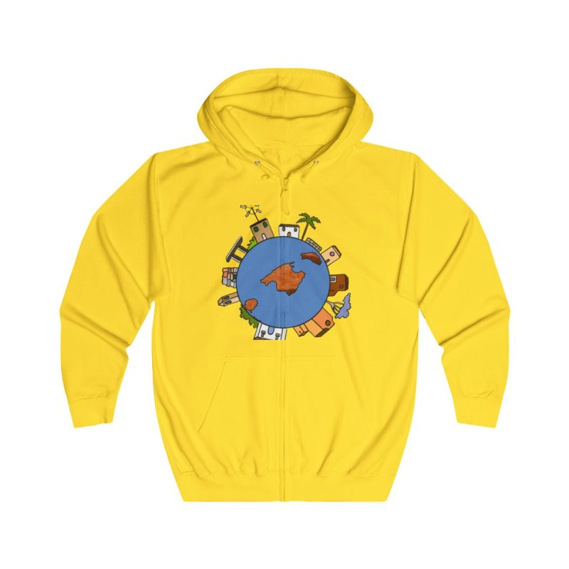Sudadera con capucha y cremallera - Amarillo sol - Camiseta «Cada casa és un món»