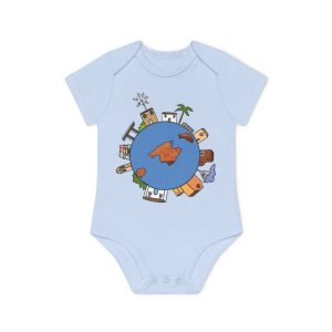 Body bebe manga corta organico - Azul empolvado - Camiseta «Cada casa és un món»