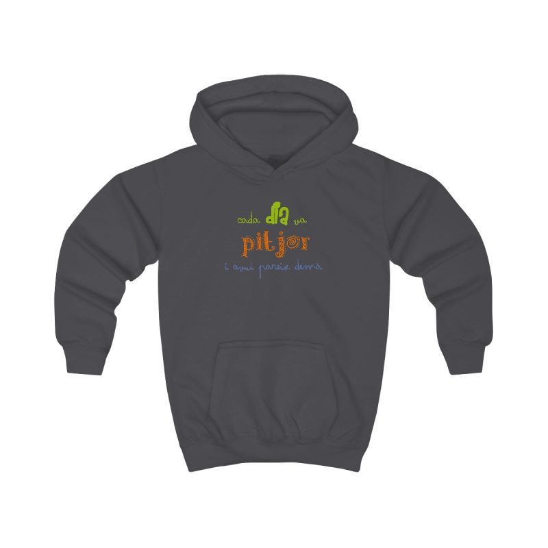 Sudadera con capucha infantil - Gris marengo - Camiseta «Cada dia va pitjor i avui pareix demà»