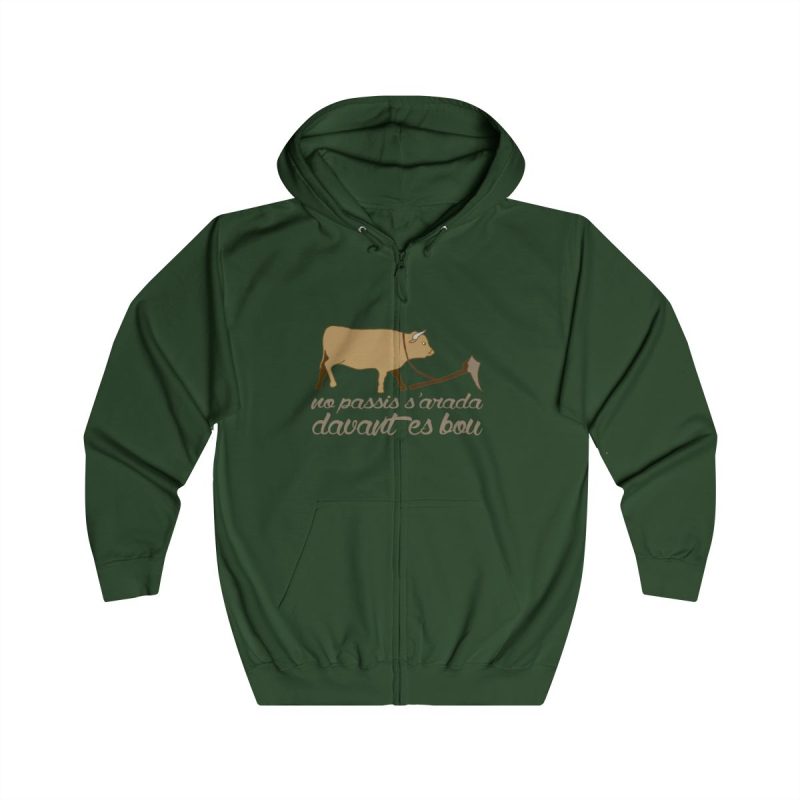 Sudadera con capucha y cremallera - Verde botella - Camiseta «No passis s’arada davant es bou»