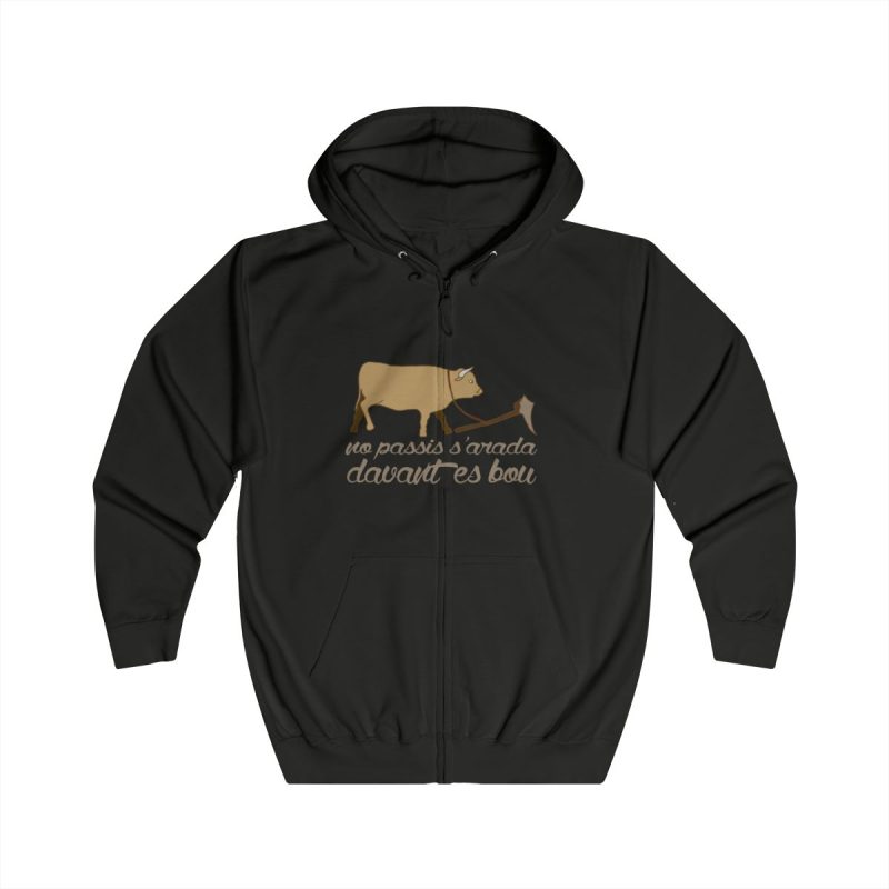 Sudadera con capucha y cremallera - Negro azabache - Camiseta «No passis s’arada davant es bou»