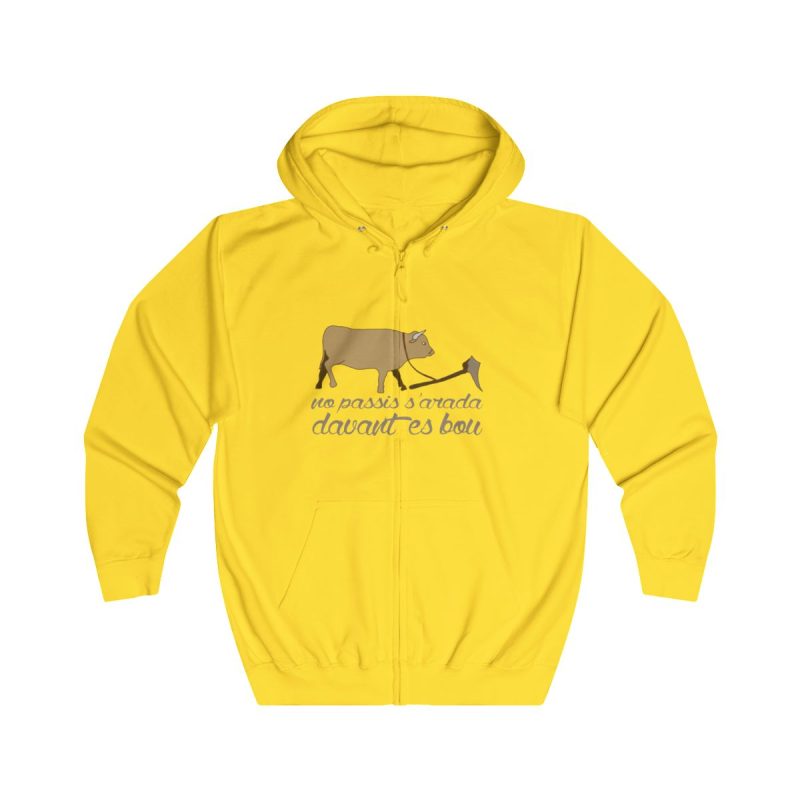 Sudadera con capucha y cremallera - Amarillo sol - Camiseta «No passis s’arada davant es bou»