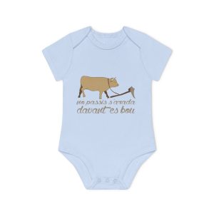 Body bebe manga corta organico - Azul empolvado - Camiseta «No passis s’arada davant es bou»