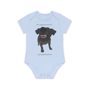 Body bebe manga corta organico - Azul empolvado - Camiseta «Ca que lladra no mossega»