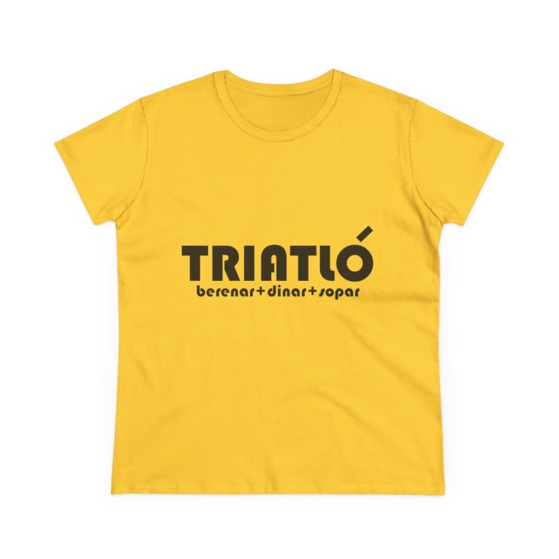 Camiseta mujer algodon medio - Amarillo margarita - Triatló: berenar + dinar + sopar Camiseta mujer algodon medio - Amarillo margarita - Triatló: berenar + dinar + sopar