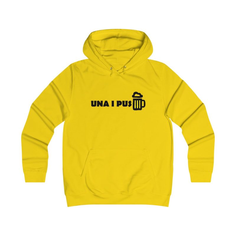 Sudadera universitaria mujer - Amarillo sol - Camiseta «Una i pus» cervessa