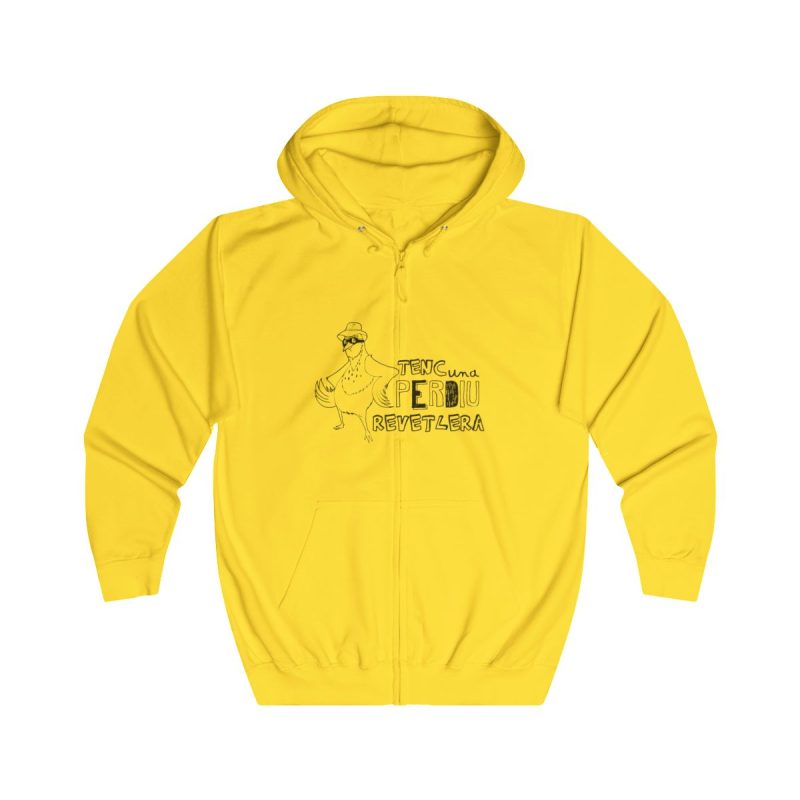 Sudadera con capucha y cremallera - Amarillo sol - Camiseta «Tenc una perdiu revetlera»