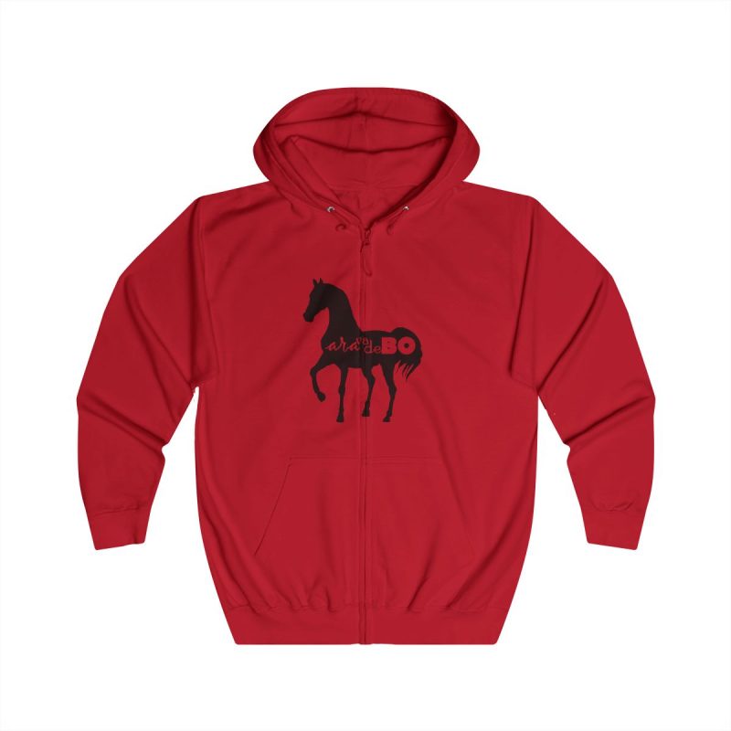 Sudadera con capucha y cremallera - Rojo fuego - Camiseta unisex Cavall Alegre Sant Joan «Ara va de bo»
