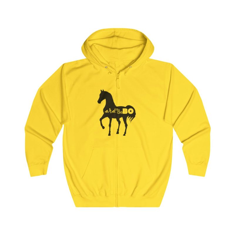 Sudadera con capucha y cremallera - Amarillo sol - Camiseta unisex Cavall Alegre Sant Joan «Ara va de bo»