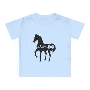 Camiseta de bebe - Azul empolvado - Camiseta unisex Cavall Alegre Sant Joan «Ara va de bo»