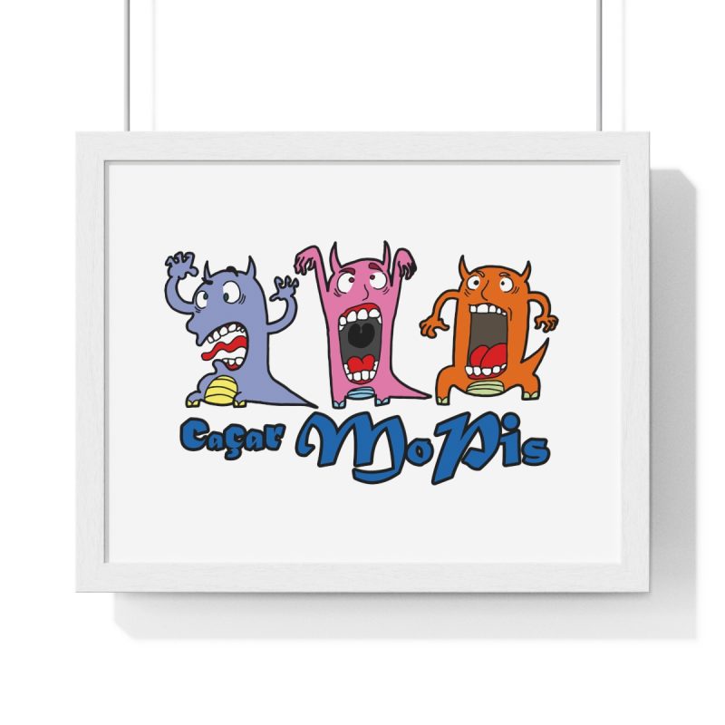 Poster enmarcado horizontal - Blanco - Camiseta «Caçar MoPis» sobre fondo negro