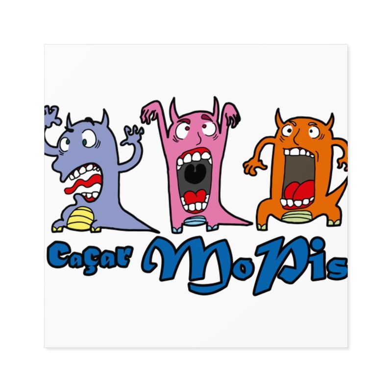 Pegatinas laminadas cuadradas - Camiseta «Caçar MoPis» sobre fondo negro Pegatinas laminadas cuadradas - Camiseta «Caçar MoPis» sobre fondo negro