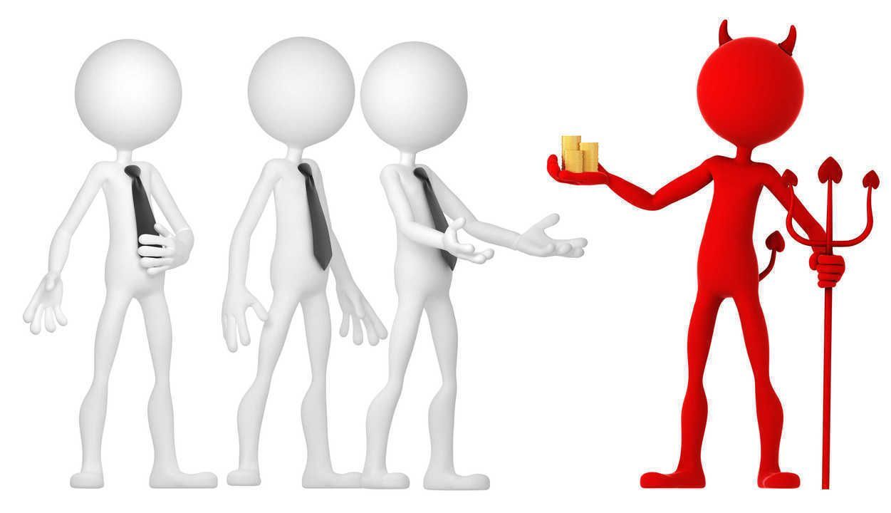 Devil giving mone to a group of businesspeople