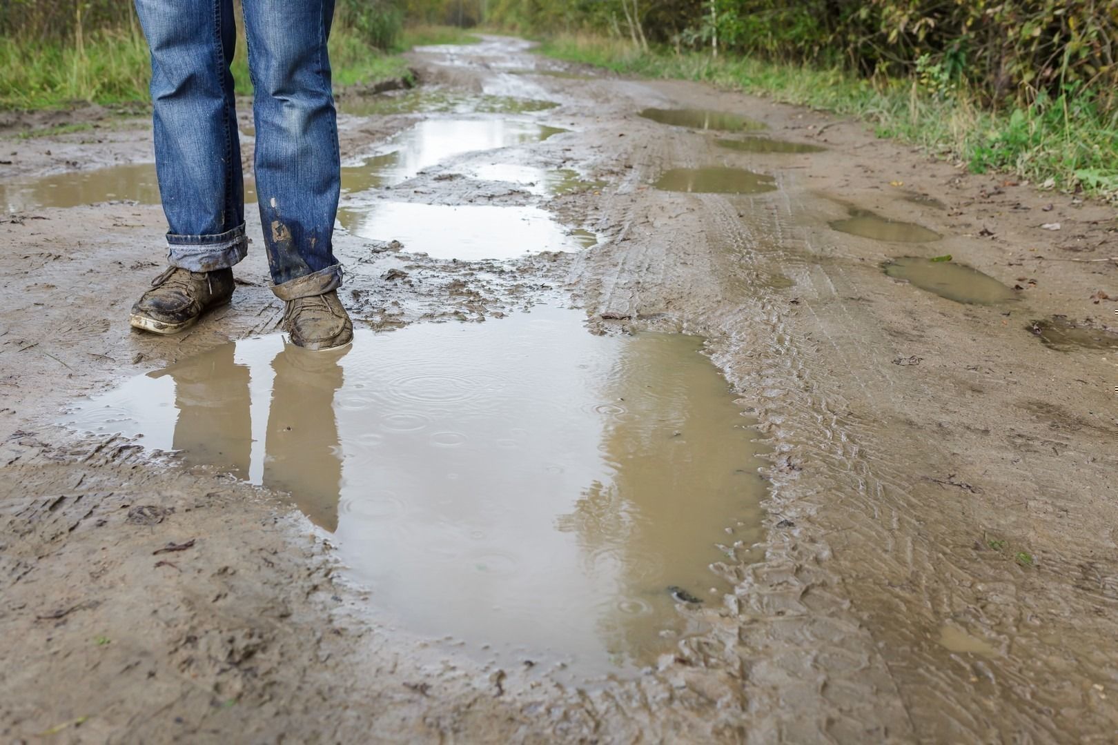Man in dirty shoes standing in the mud