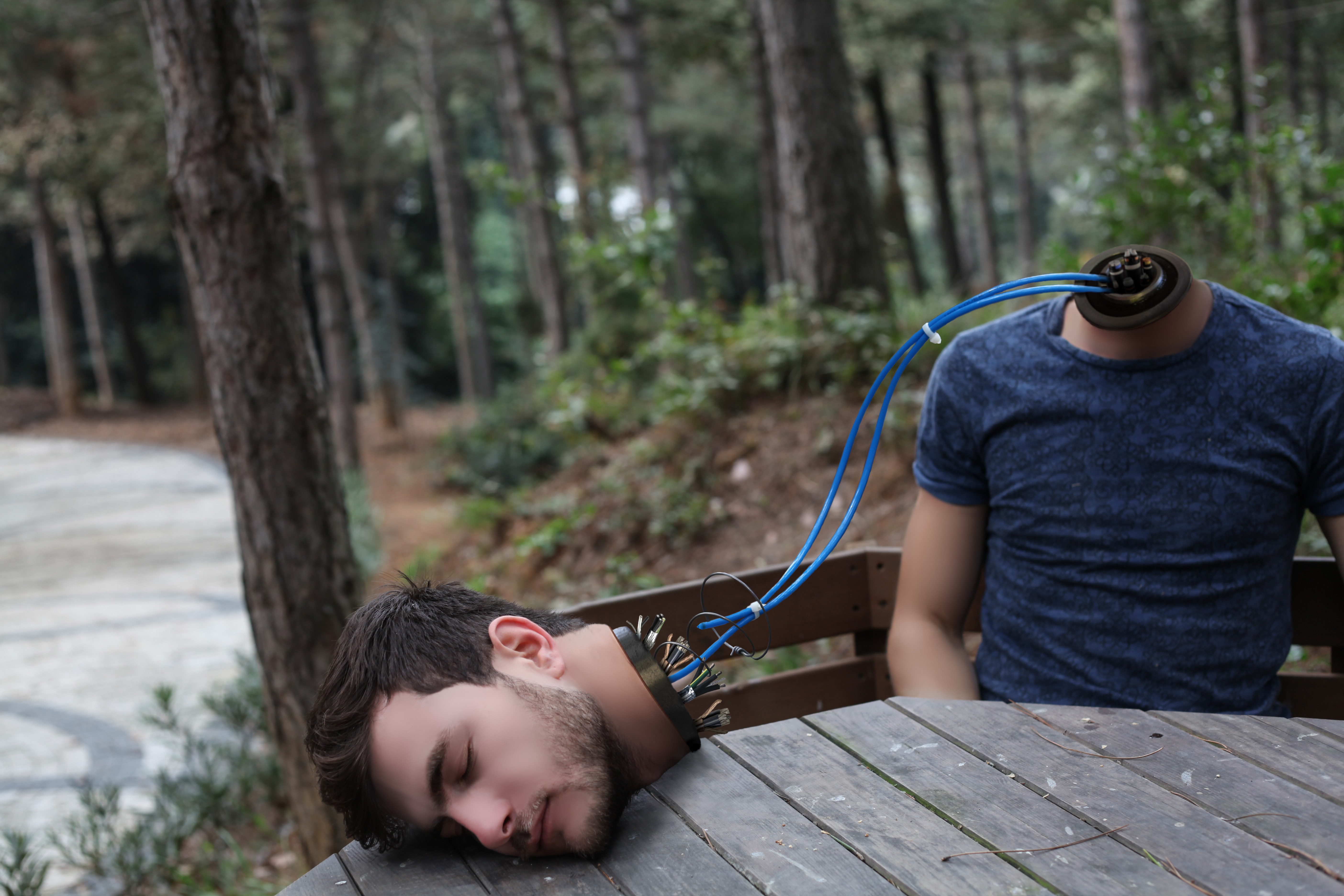 Robot man wearing blue crew-neck t-shirt