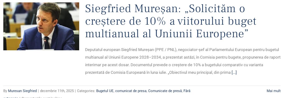 Un articol din lista de comunicate: fotografie mică în stânga, titlu și text în dreapta, iar jos linia „By Muresan Siegfried | decembrie 11th, 2025 | Categories: Bugetul UE, comunicat de presa, Comunicate de presă, Fără categorie”.