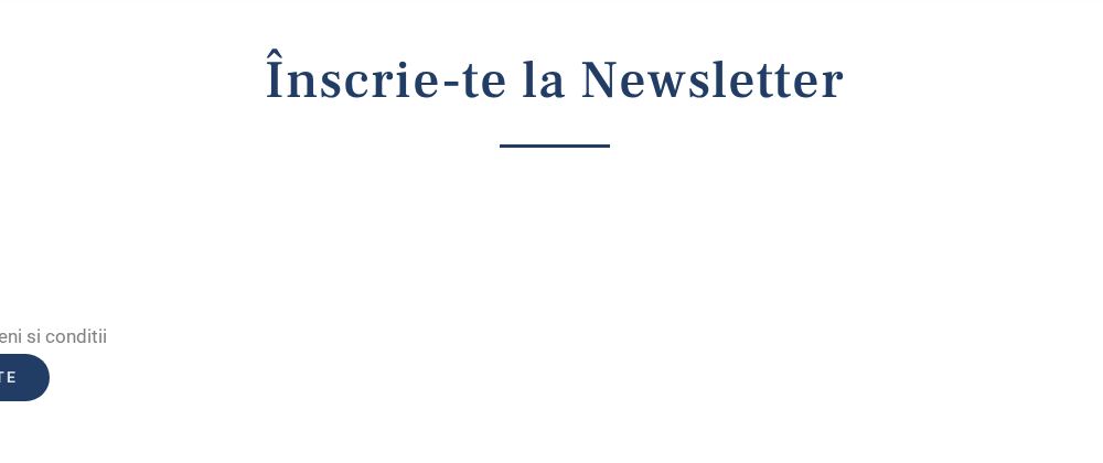 Pagina Newsletter: titlul „Înscrie-te la Newsletter”, apoi un spațiu gol mare, apoi o căsuță de bifat „Termeni si conditii” și butonul TRIMITE. Nu există niciun câmp pentru adresa de email.