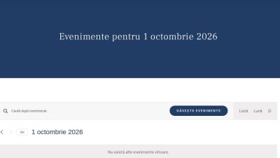 Pagina Agenda: titlul „Evenimente pentru 1 octombrie 2026”, mesajul „Nu există alte evenimente viitoare”, câmpul de căutare cu butonul GĂSEȘTE EVENIMENTE, și dedesubt trei evenimente trecute din septembrie.