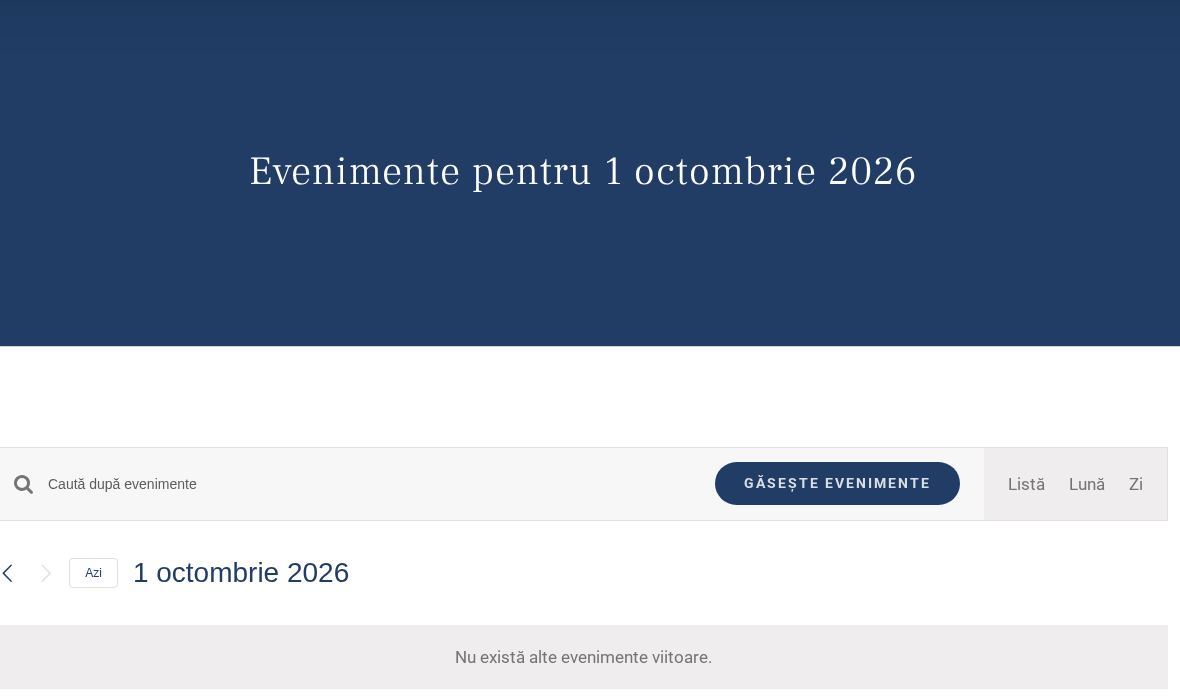 Pagina Agenda: titlul „Evenimente pentru 1 octombrie 2026”, mesajul „Nu există alte evenimente viitoare”, câmpul de căutare cu butonul GĂSEȘTE EVENIMENTE, și dedesubt trei evenimente trecute din septembrie.