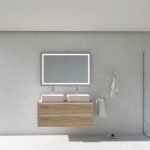 Conjunto Baho Lucca 2 cajones suspendido 100 roble natural + tirador blanco + espejo 100×80