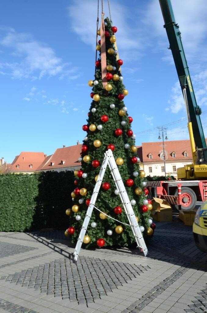 VIDEO-FOTO: Se montează bradul de Crăciun din Piața Mare. Reacțiile la cald ale sibienilor