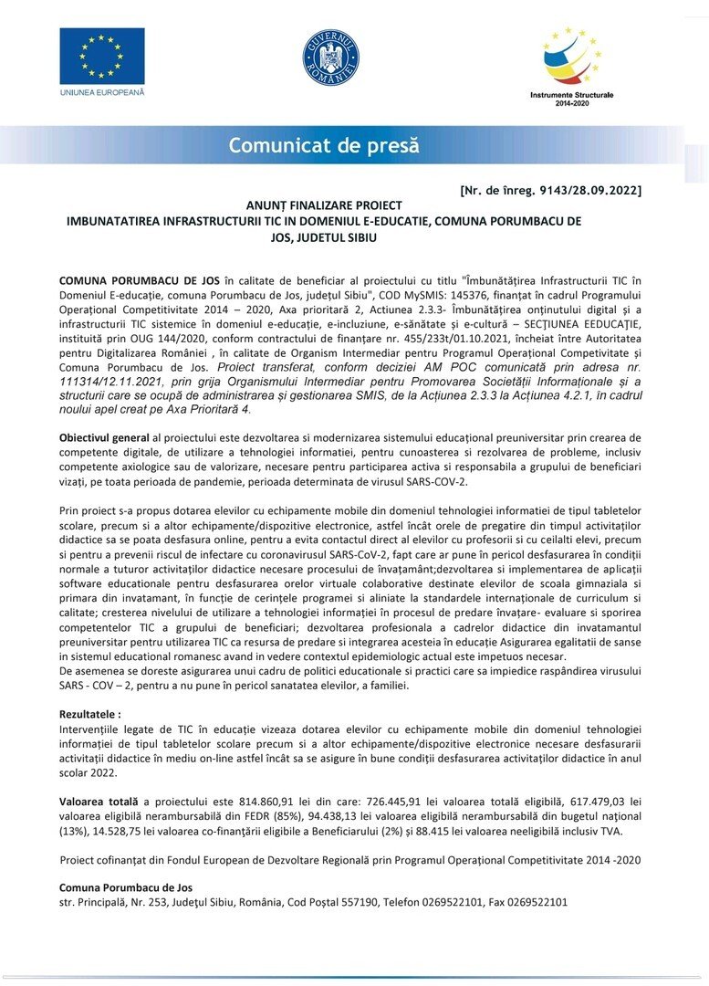 ANUNȚ FINALIZARE PROIECT IMBUNATATIREA INFRASTRUCTURII TIC IN DOMENIUL E-EDUCATIE, COMUNA PORUMBACU DE JOS, JUDETUL SIBIU