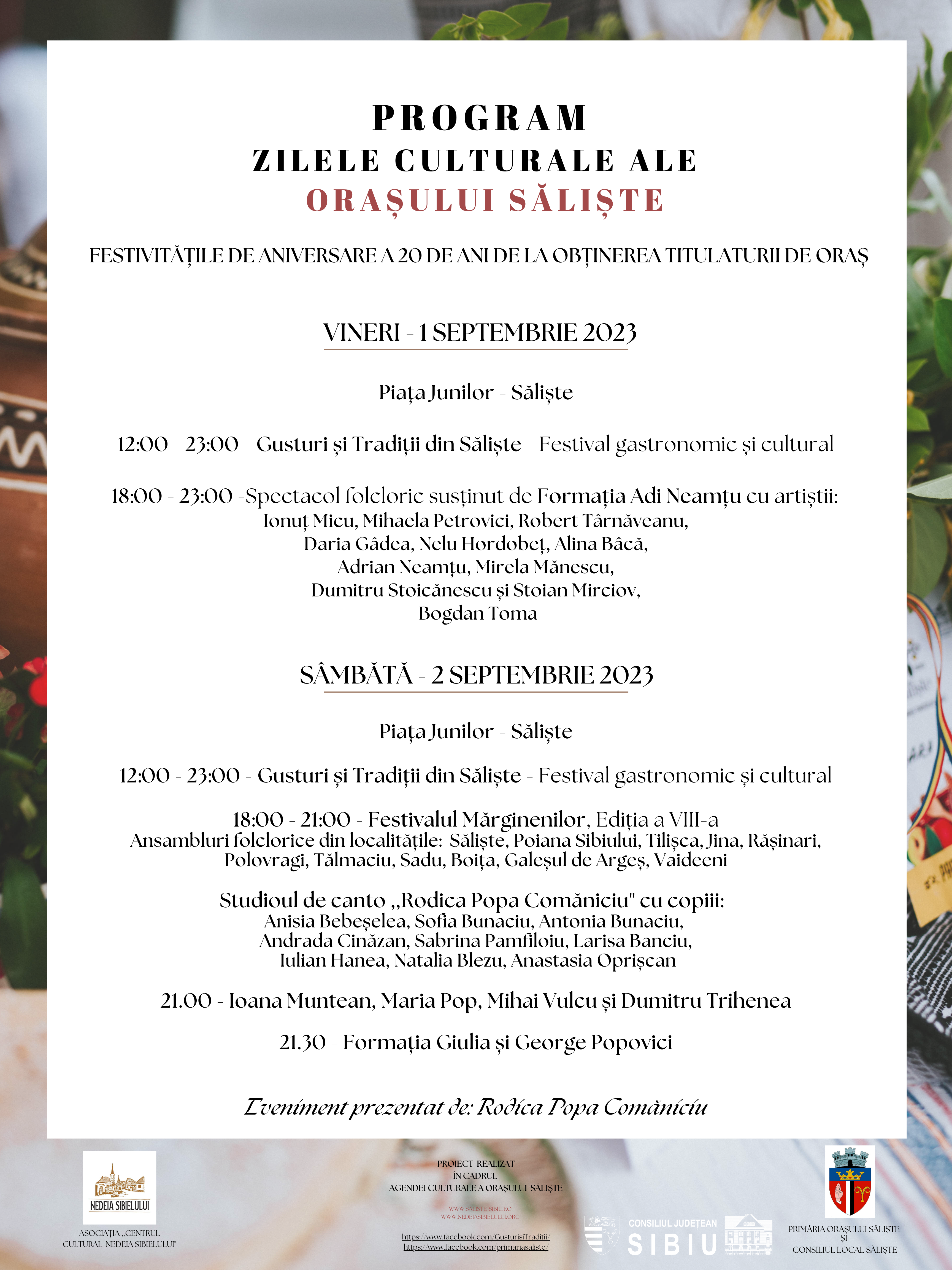 Zilele Culturale Săliște 2023: 1-2 Septembrie, Program