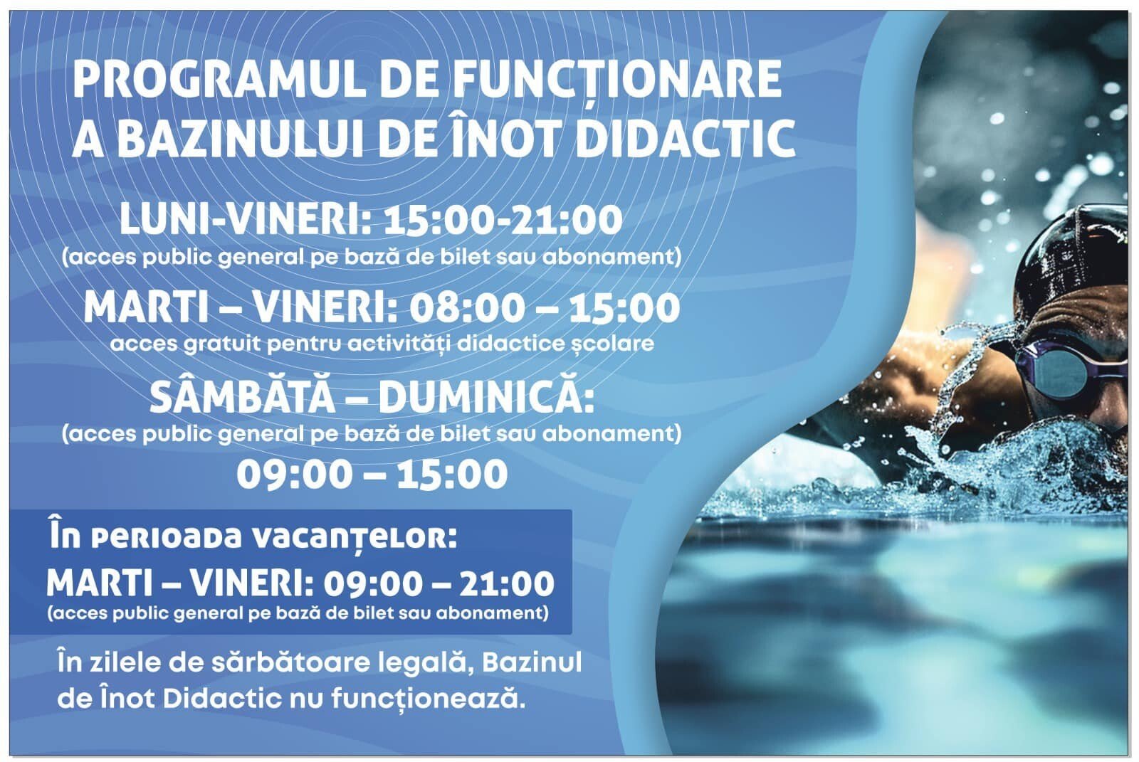 Programul bazinului de înot didactic din municipiul Mediaș pe perioada vacanței de vară