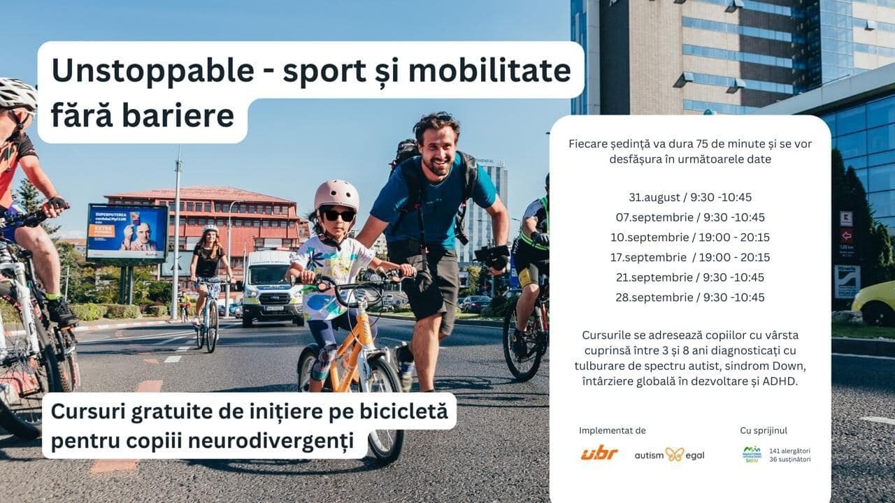 Copiii neurodivergenți învață mersul pe bicicletă în cadrul proiectului Unstoppable – sport și mobilitate fără bariere