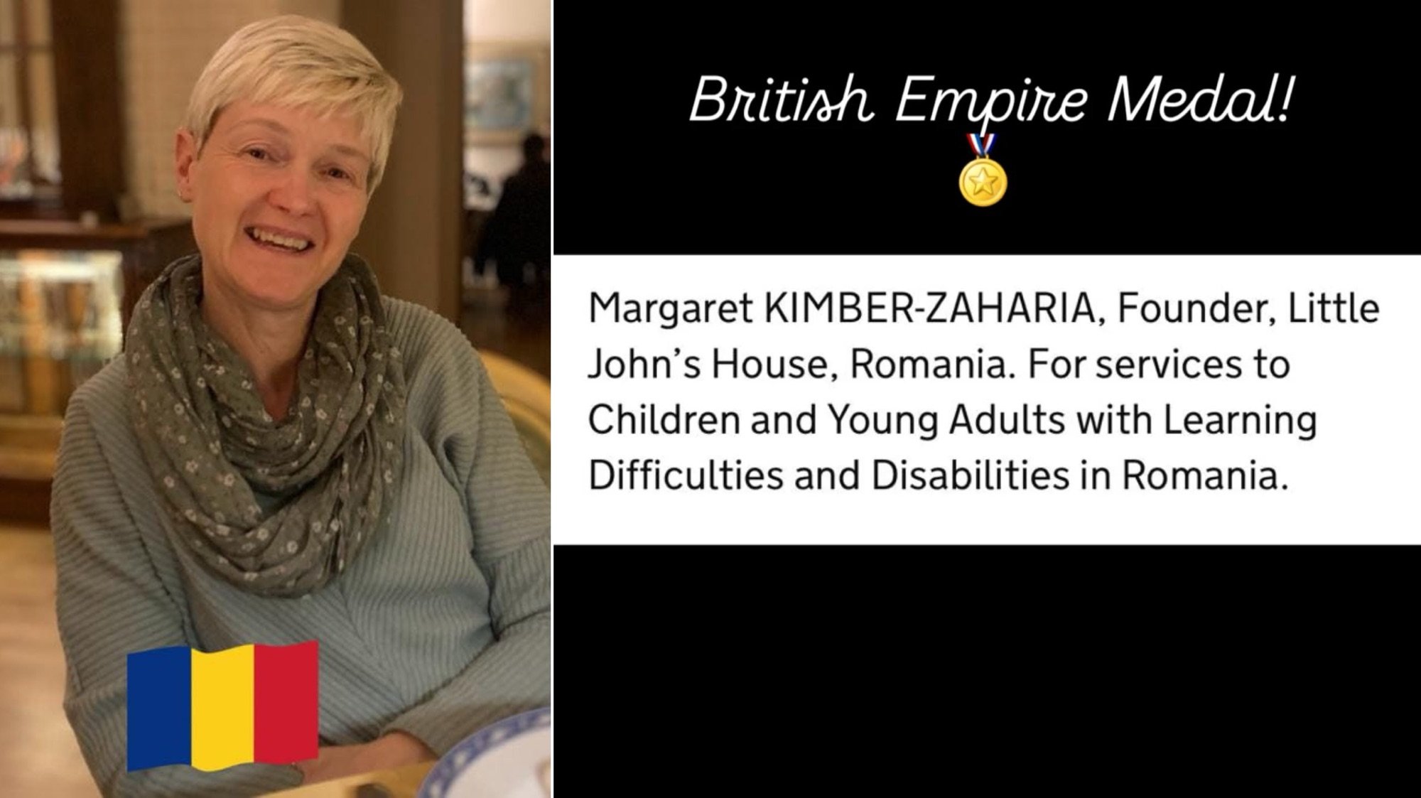 Margaret Kimber Zaharia, fondatoarea Fundației Little John’s din Cisnădioara, România, decorată cu British Empire Medal