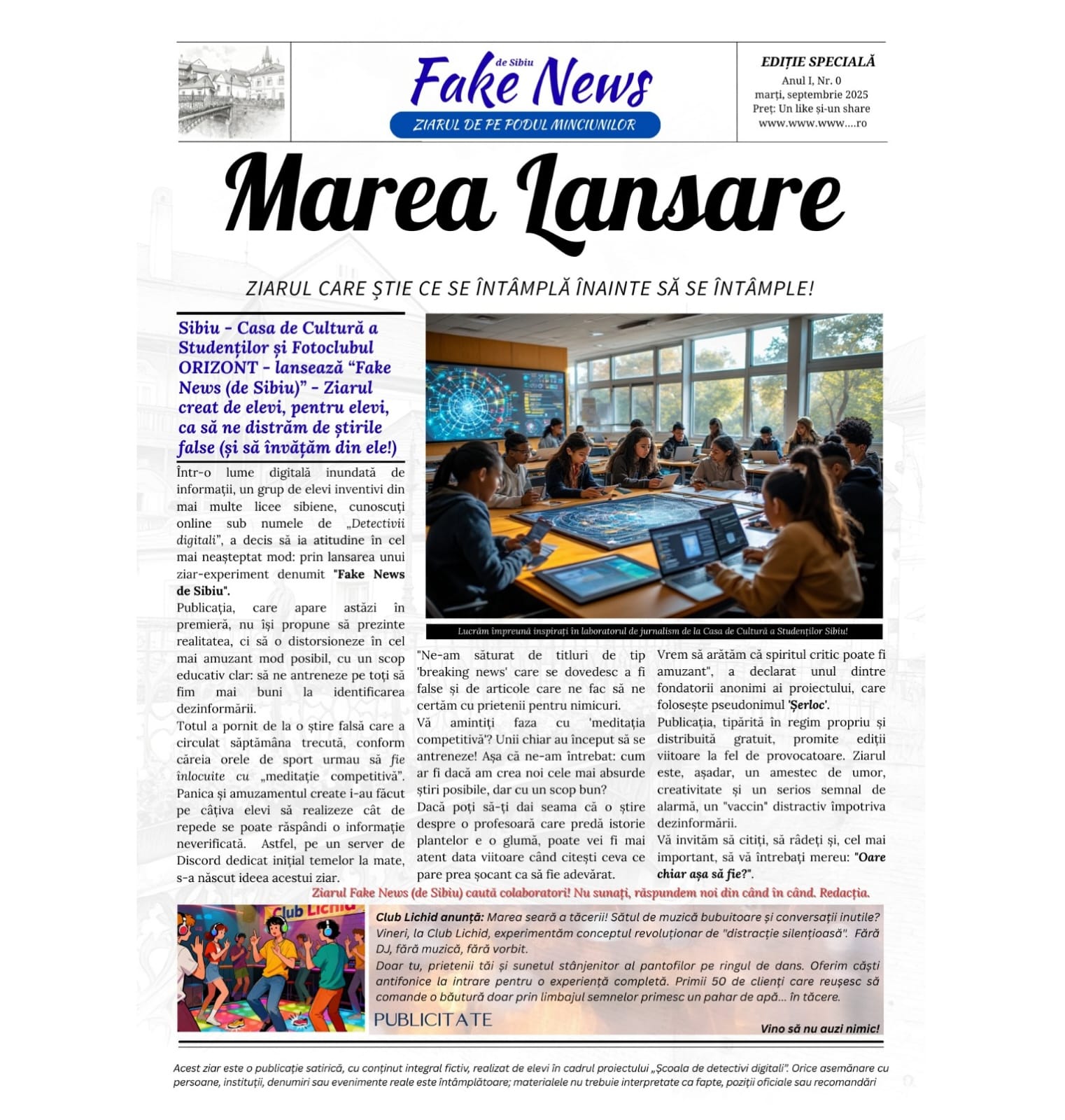 Prima ediție a ziarului Fake News de Sibiu, cu titluri și imagini inedite expuse
