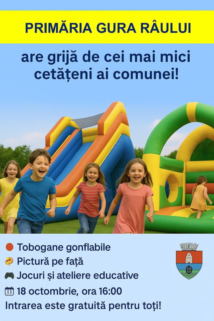 Copii fericiți la o petrecere în aer liber în Gura Râului, cu baloane și jocuri.