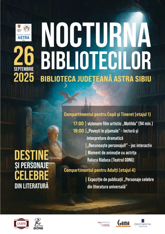Afisul evenimentului Nocturna Bibliotecilor 2025 la Biblioteca ASTRA Sibiu