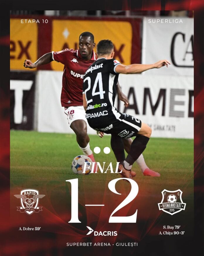 FB_IMG_1758486820272 Jucătorii de la Hermannstadt sărbătoresc golul victorios împotriva Rapidului în Giulești