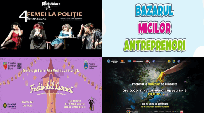 Programul evenimentelor Mediaș 20 septembrie afișat pe un ecran digital