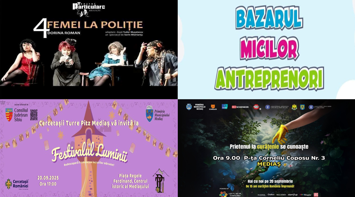 Programul evenimentelor Mediaș 20 septembrie afișat pe un ecran digital