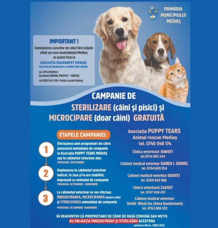 Campanie de sterilizare gratuită la Mediaș pentru animalele de companie