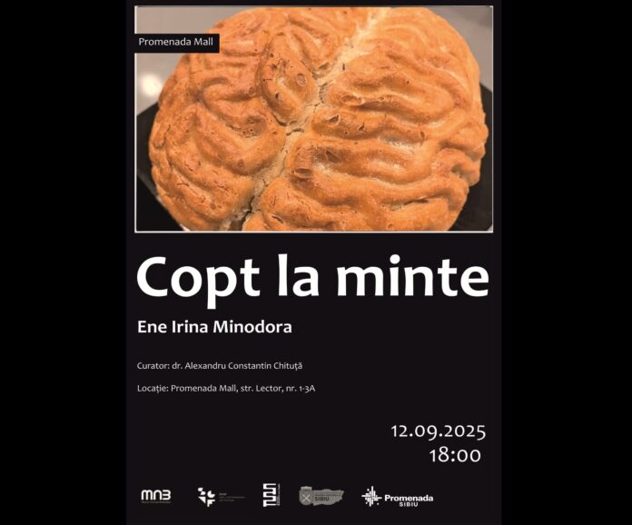 Vizitatori admiră expoziția de desene și instalație SCAF Sibiu „Copt la minte”