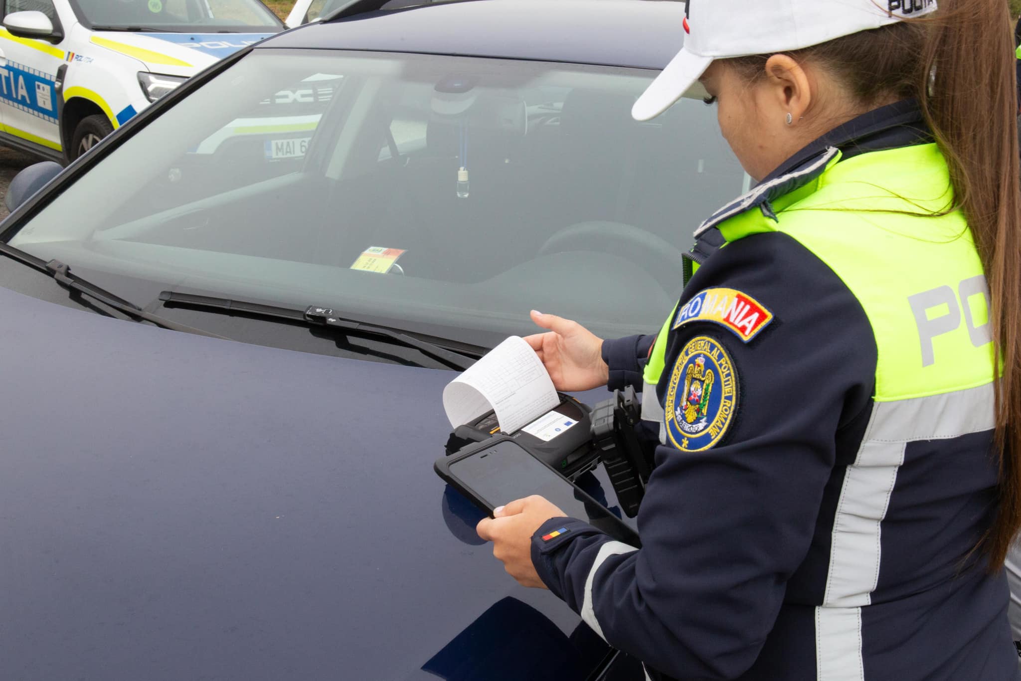 Polițist rutier scriind un proces-verbal de amendă în timpul raziei rutiere din Sibiu.