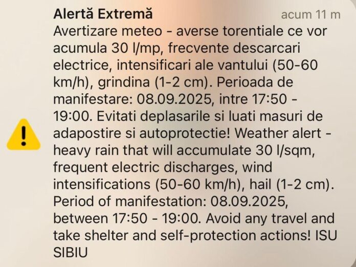 Cod Portocaliu de furtuni în Sibiu, cerul încărcat cu nori de furtună amenințătoare