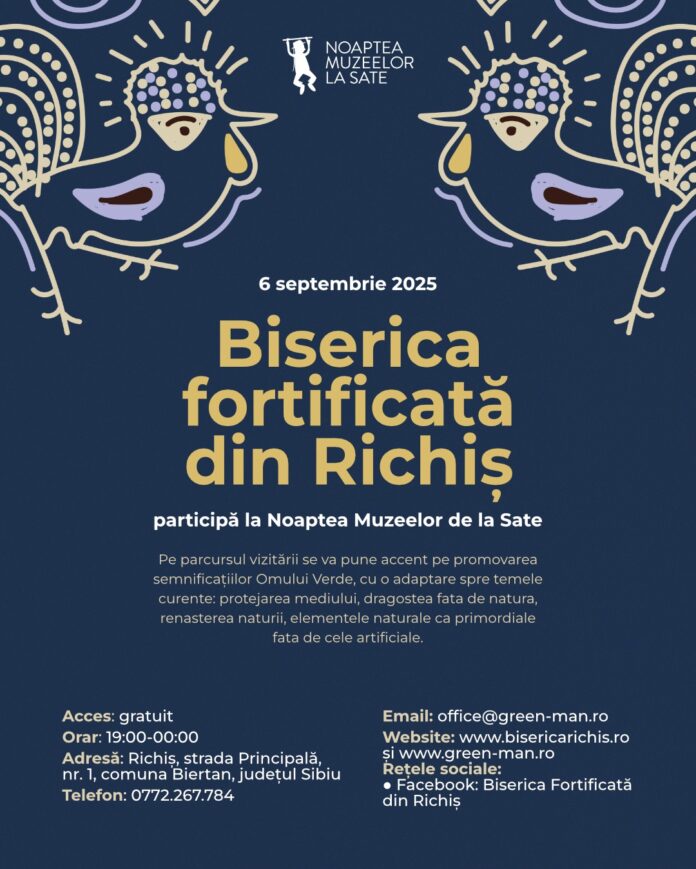 Biserica fortificată din Richiș, locul evenimentului Noaptea Muzeelor, iluminată în amurg.