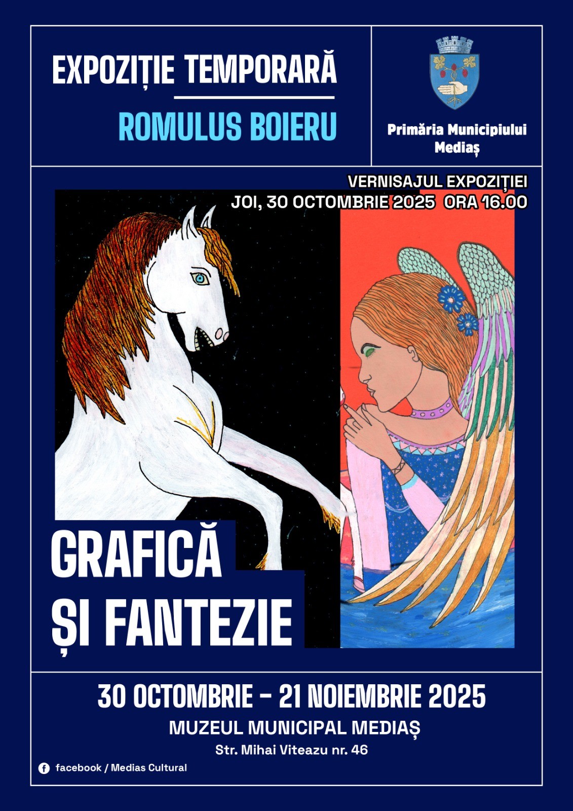 Afis expozitie Grafică și Fantezie de Romulus Boieru la Muzeul Municipal Mediaș