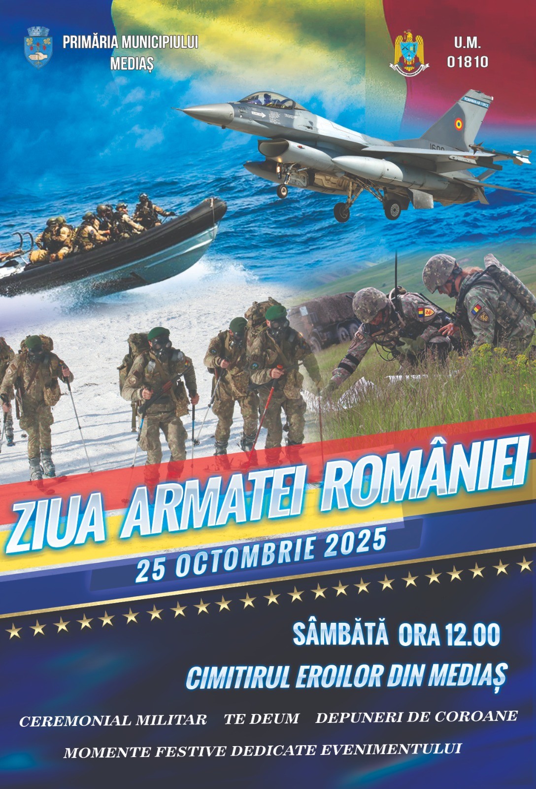 Macheta pentru evenimentul Ziua Armatei Române la Mediaș, cu programul și simbolurile militare.