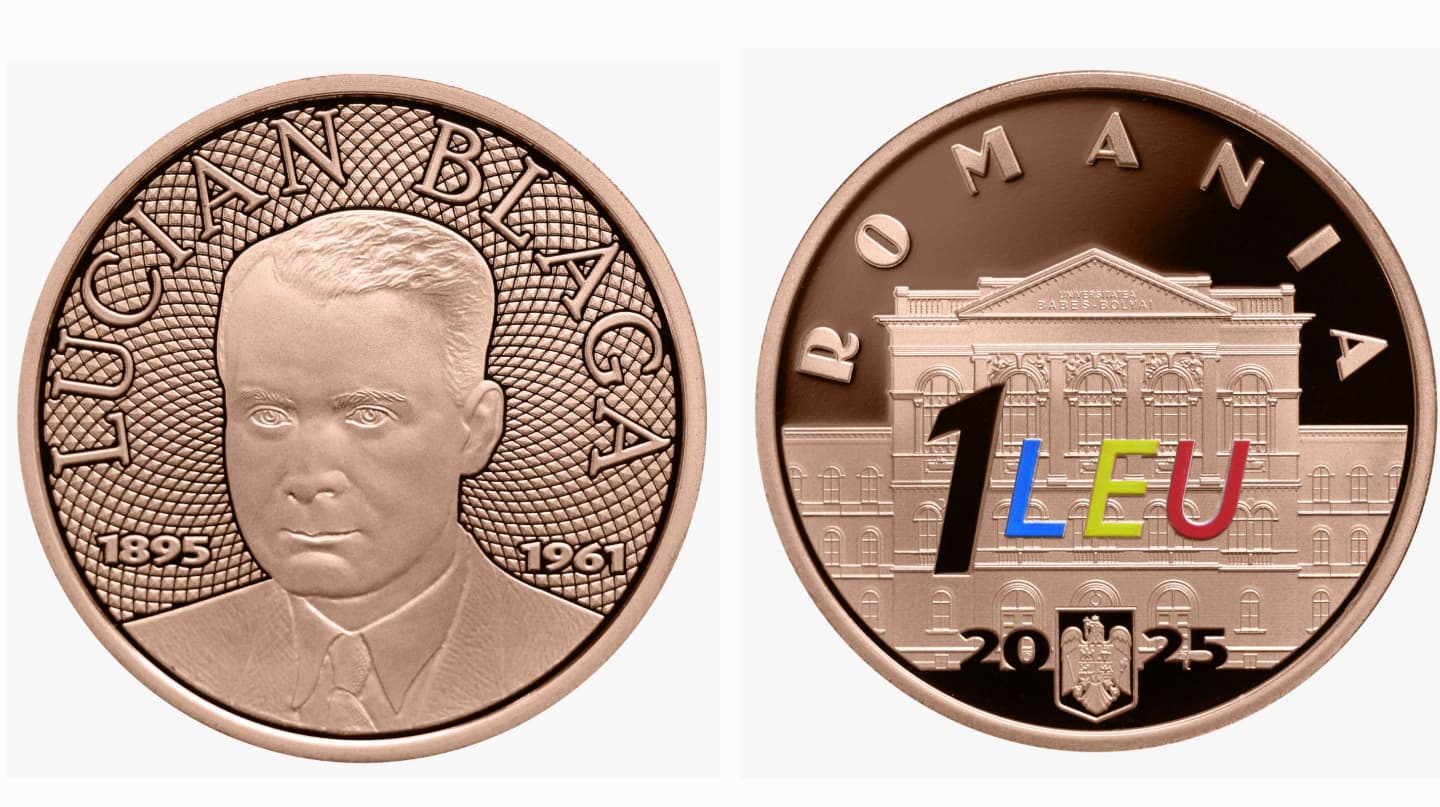 Moneda comemorativa Lucian Blaga emisă de BNR cu portretul poetului