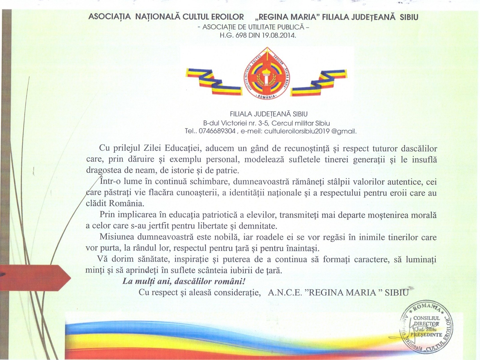 Mesaj emoționant pentru profesori de Ziua Educației de la Asociația Regina Maria Sibiu