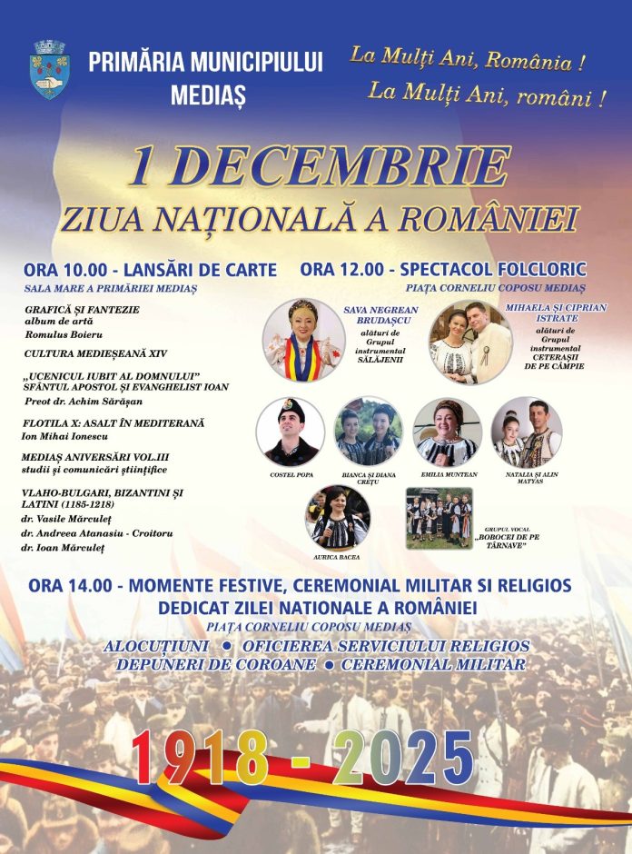 Afis pentru sărbătorirea Zilei Naționale a României, 1 Decembrie 2025, în Mediaș