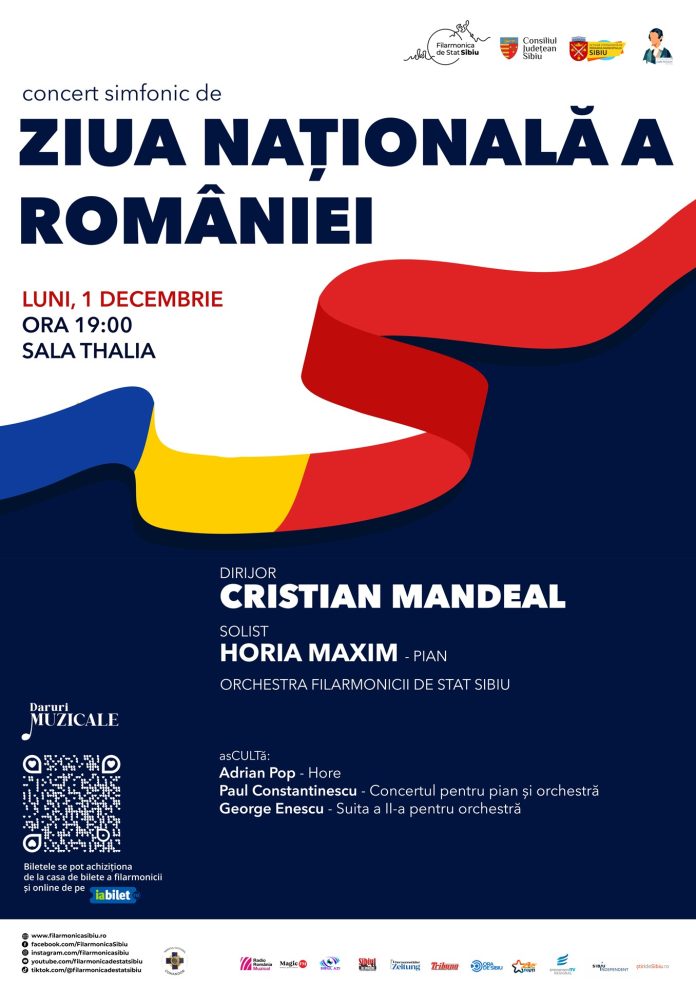Sala de concert a Filarmonicii de Stat Sibiu, pregătită pentru concertul de Ziua Națională