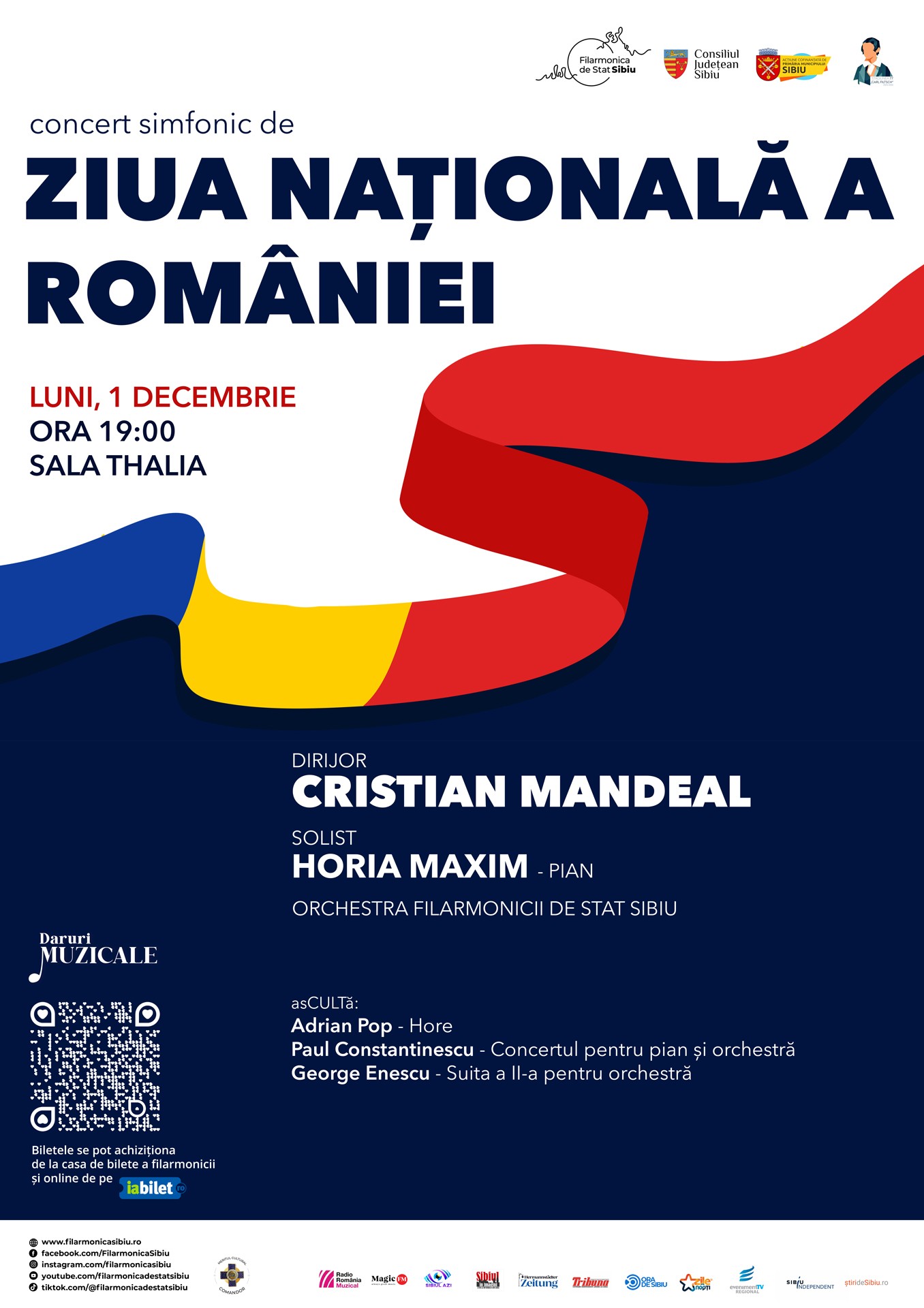 Sala de concert a Filarmonicii de Stat Sibiu, pregătită pentru concertul de Ziua Națională