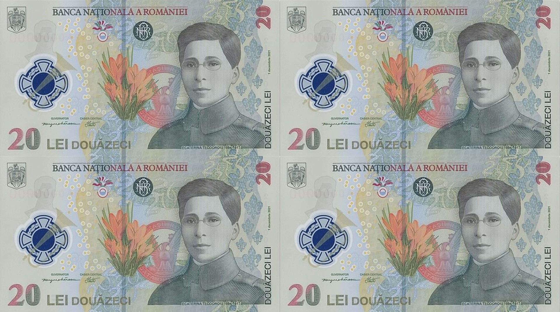 Aversul colei de colecție de 20 de lei cu portretul Ecaterinei Teodoroiu, lansată de BNR