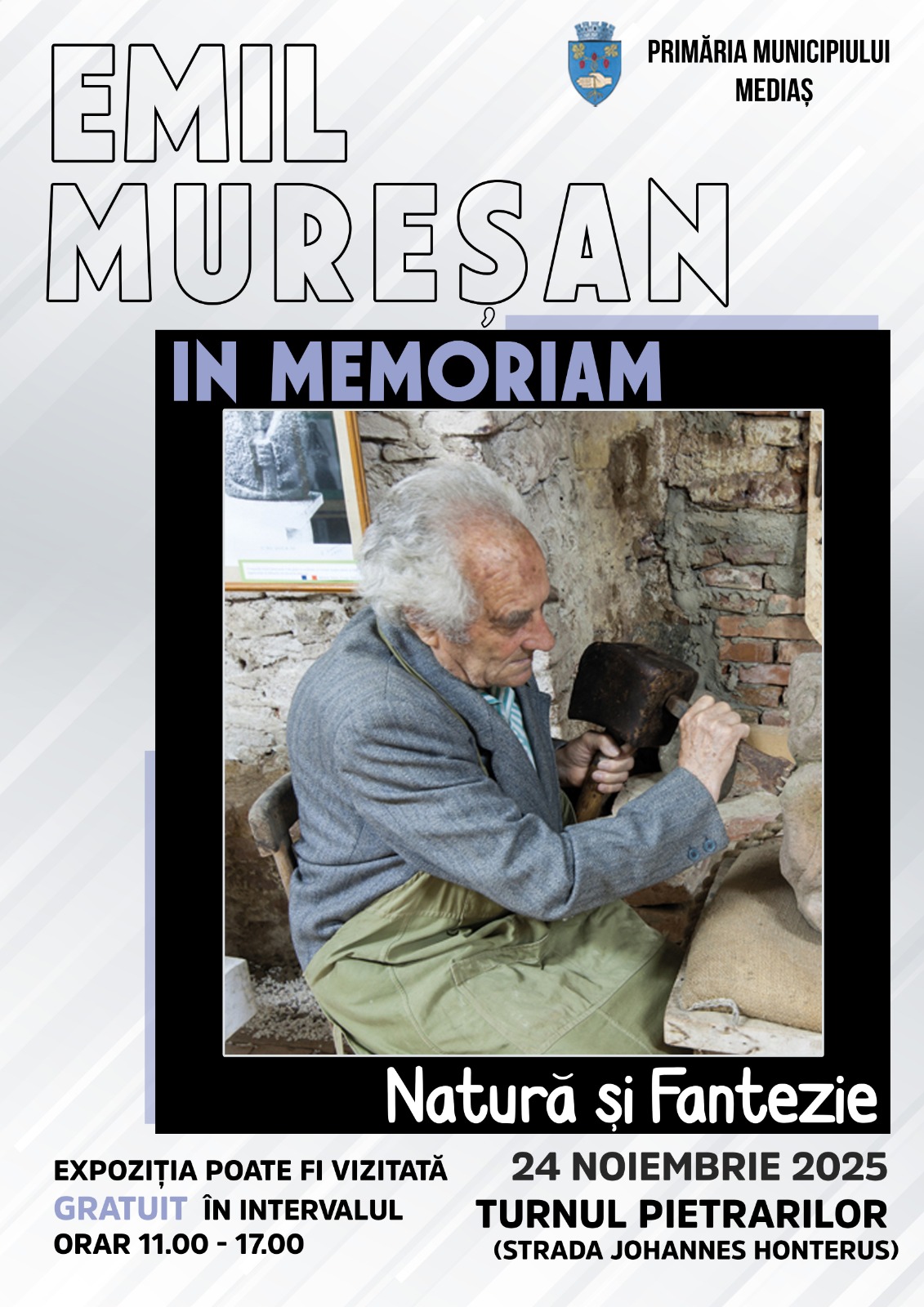 Afisul expozitiei In Memoriam Emil Muresan de la Medias, cu detalii despre data si locatie